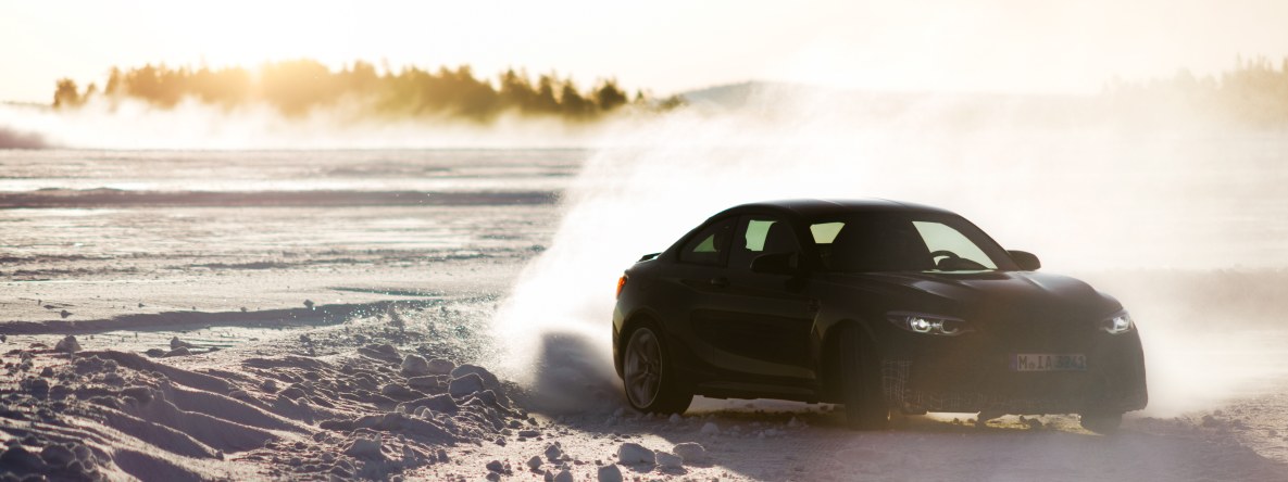 The BMW M2 CS prototype drifting on the frozen lake in Arjeplog