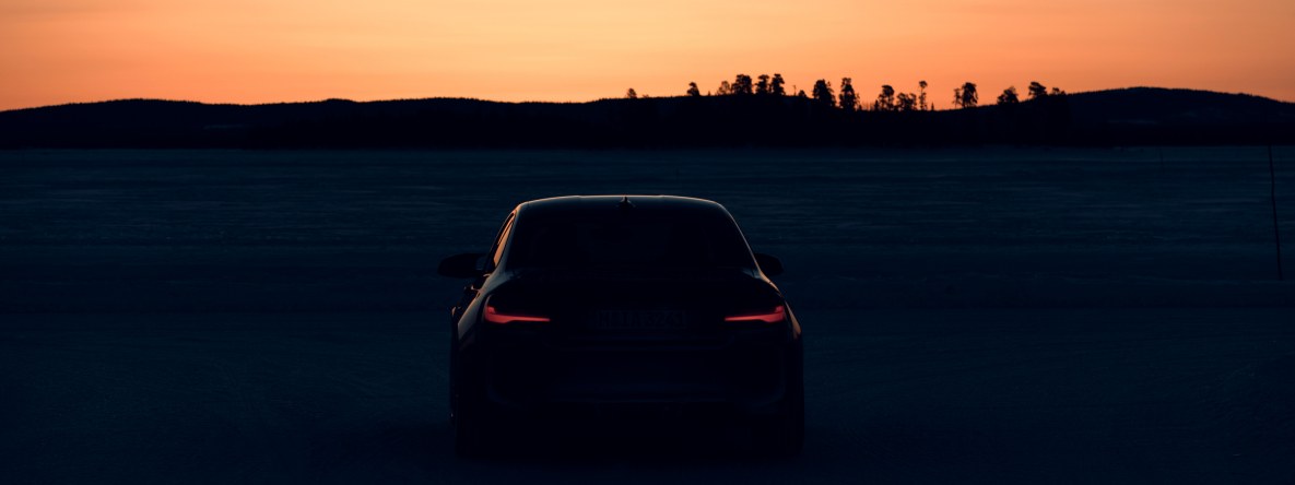 The BMW M2 CS prototype during a road test at night in Arjeplog