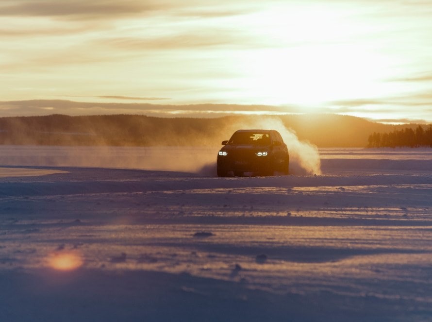 The BMW X5 M prototype drifts on the frozen lake in Arjeplog