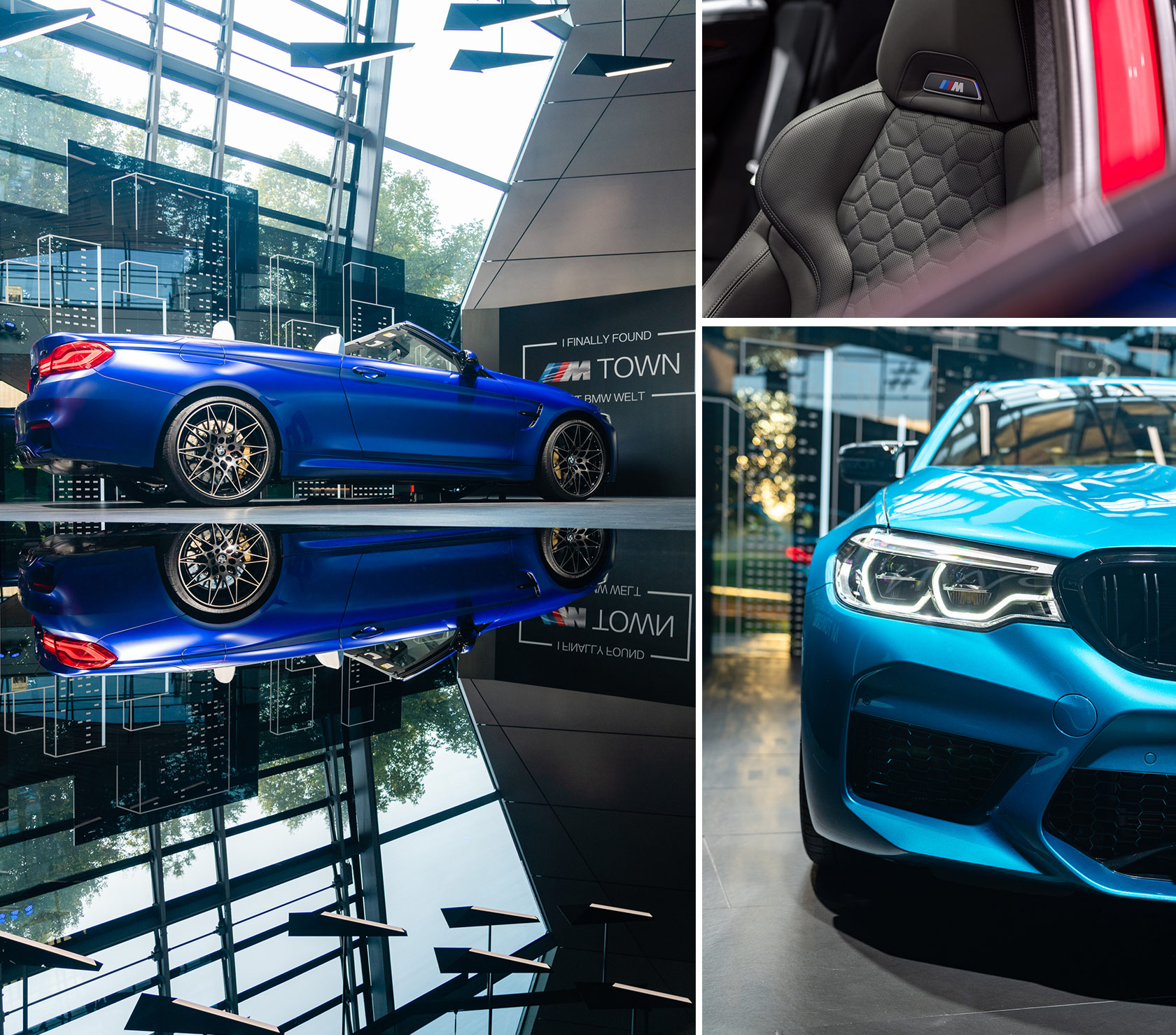 Dunkelblaues BMW M3 Cabrio und hellblauer BMW M5 Competition in der BMW Welt