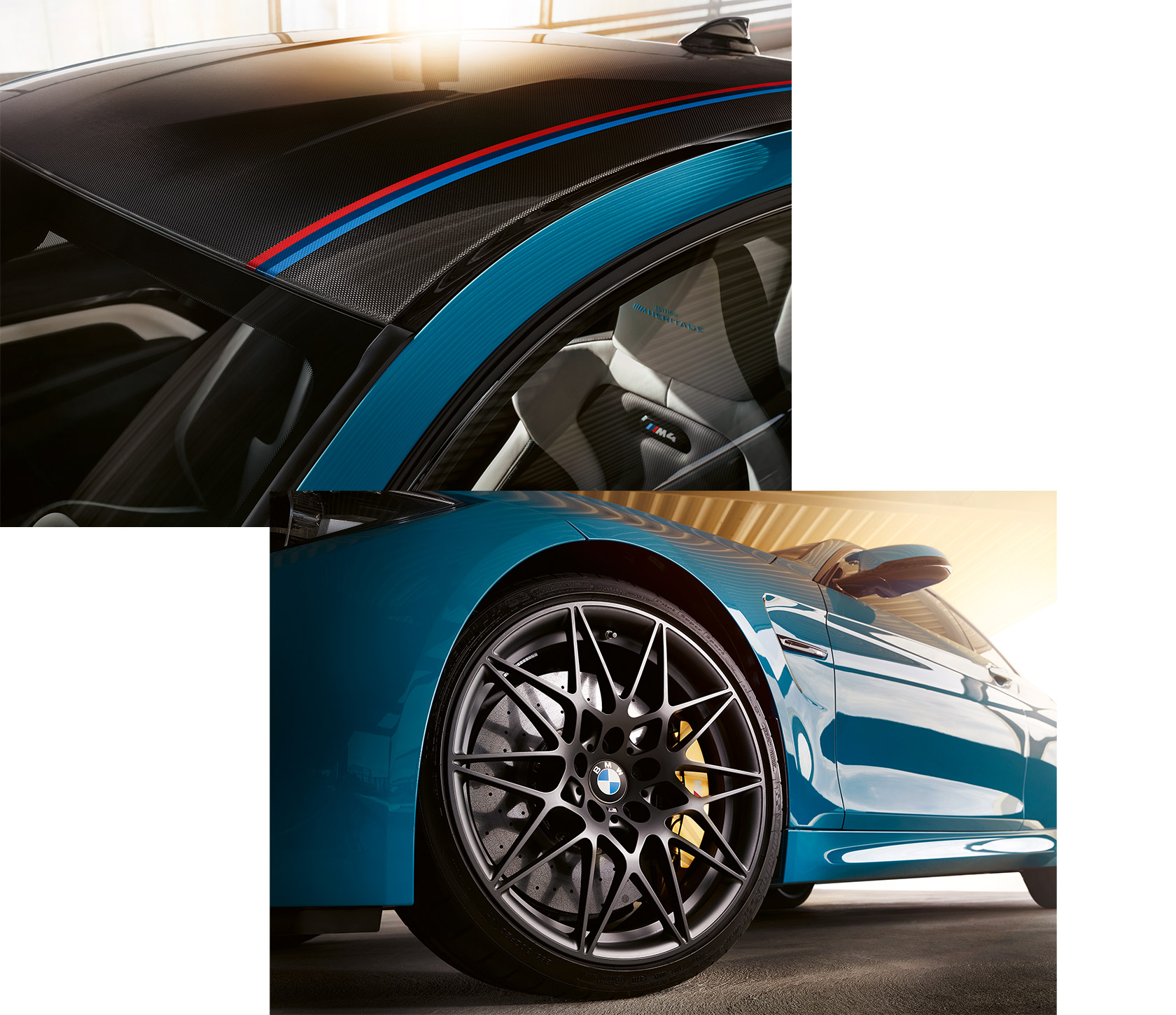 Unique light-alloy wheels in Orbit Grey and carbon roof wir M stripes of the of the BMW M4 Edition ///M Heritage in Laguna Seca Blue