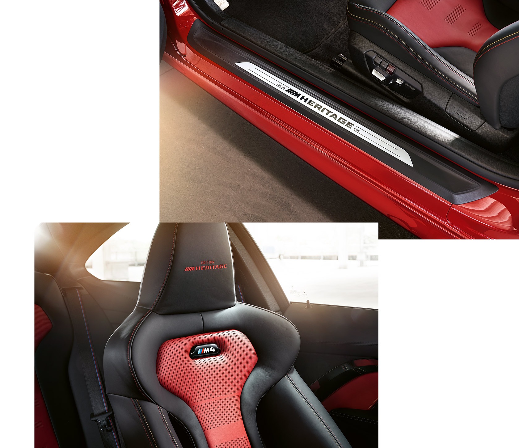 Unique door sills and sport seats of the BMW M4 Edition ///M Heritage in Imola Red II