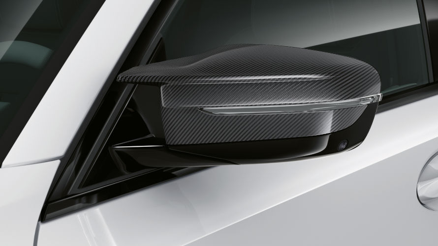 M Performance exterior mirror caps in carbon fibre for the BMW 3 Series.