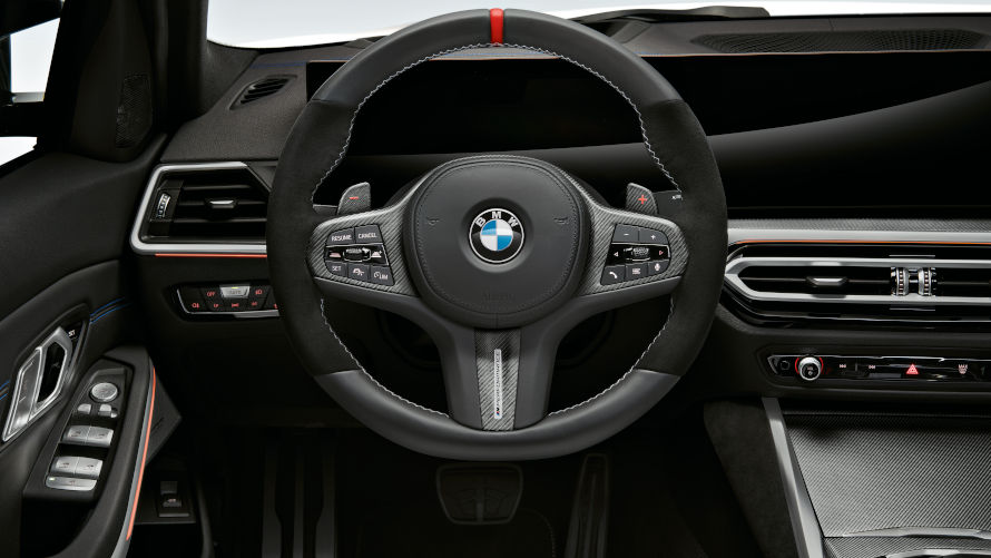 M Performance pedal covers in stainless steel, M Performance steering wheel + M Performance Steering wheel cover in carbon fibre/leather for BMW 3 Series.