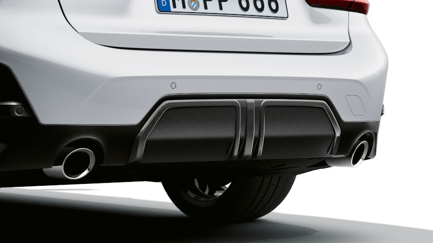 M Performance rear bumper trim in black high-gloss for BMW 3 Series.
