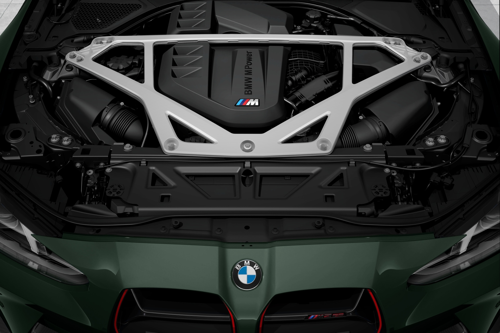Engine compartment and M precision strut of the BMW M3 CS Touring