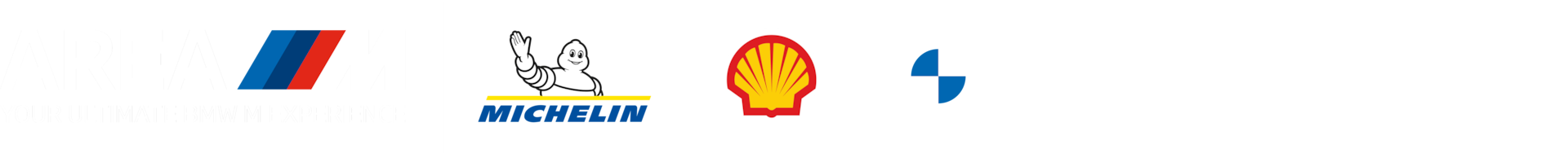 Eine Reihe von vier Automobil- und Energieunternehmenslogos, horizontal angeordnet: BMWs blaue und rote Streifen, Michelin mit seinem weißen Bibendum-Maskottchen auf gelbem Hintergrund, Shells rot-gelbes Muschelsymbol und BMWs blau-weißes gevierteltes Emblem.