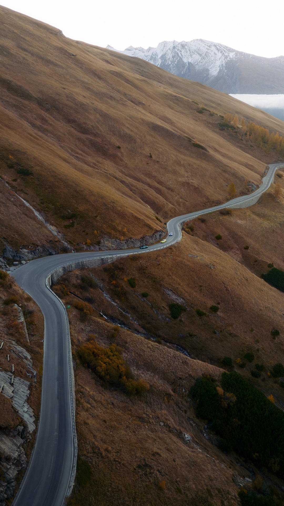 Eine kurvenreiche Bergstraße führt durch goldbraune Herbsthänge. Im Hintergrund erheben sich schneebedeckte Berggipfel über einer Nebelschicht. Die schmale asphaltierte Straße schlängelt sich den Berghang hinauf mit steilen Abhängen zu beiden Seiten.