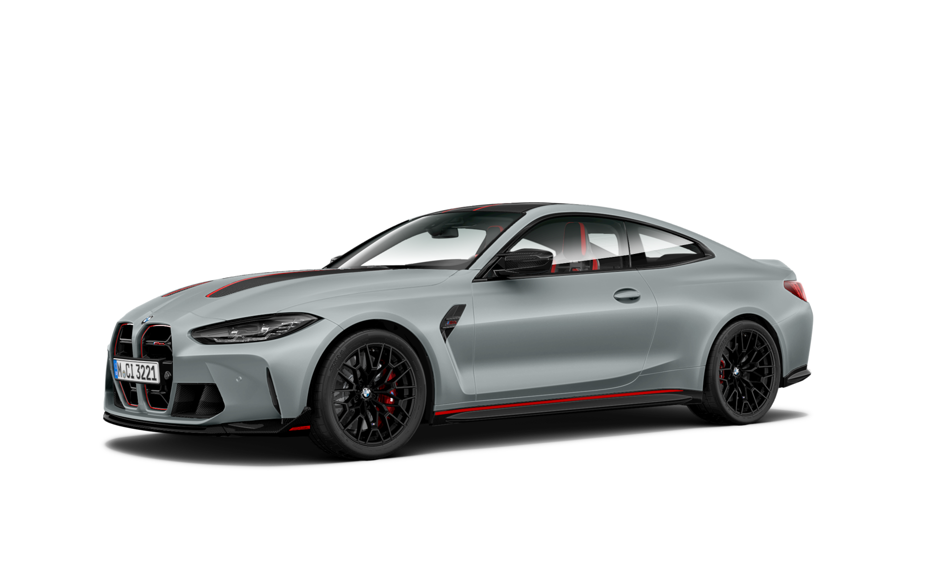 Ein elegantes graues BMW M4 CSL Coupé mit einem markanten, großen Kühlergrill. Das Fahrzeug hat schwarze Räder mit roten Bremssätteln, rote Akzentlinien entlang der Unterkante und des Grills und ein stromlinienförmiges Zweitürer-Design vor einem weißen Hintergrund. Ein europäisches Kennzeichen ist an der Front sichtbar.