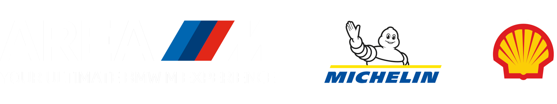 Three corporate brand logos displayed horizontally: a blue and red parallelogram shape on the left, the Michelin mascot Bibendum with raised hand and blue text in the center, and a red and yellow shell symbol on the right.