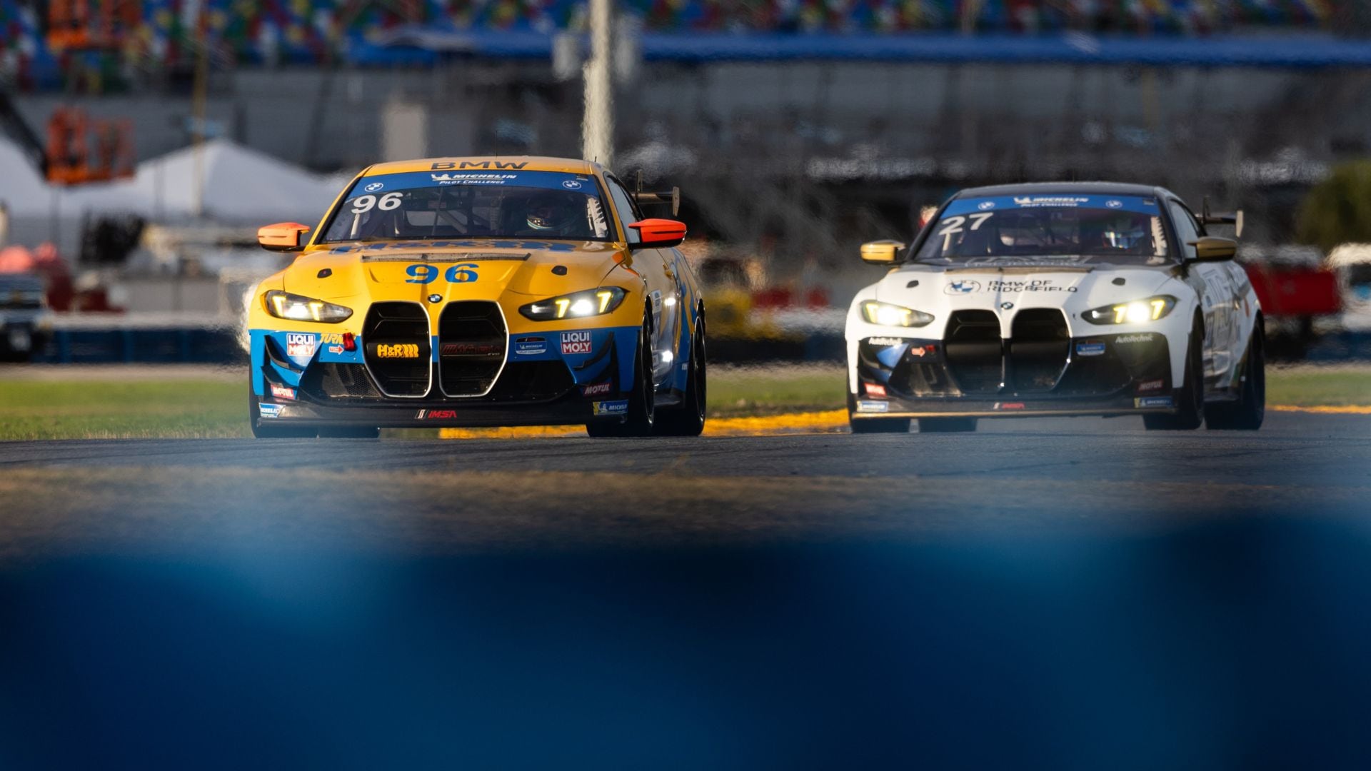 Two BMW M4 GT4 EVO during the Michelin Pilot Challenge 2026 at Daytona.