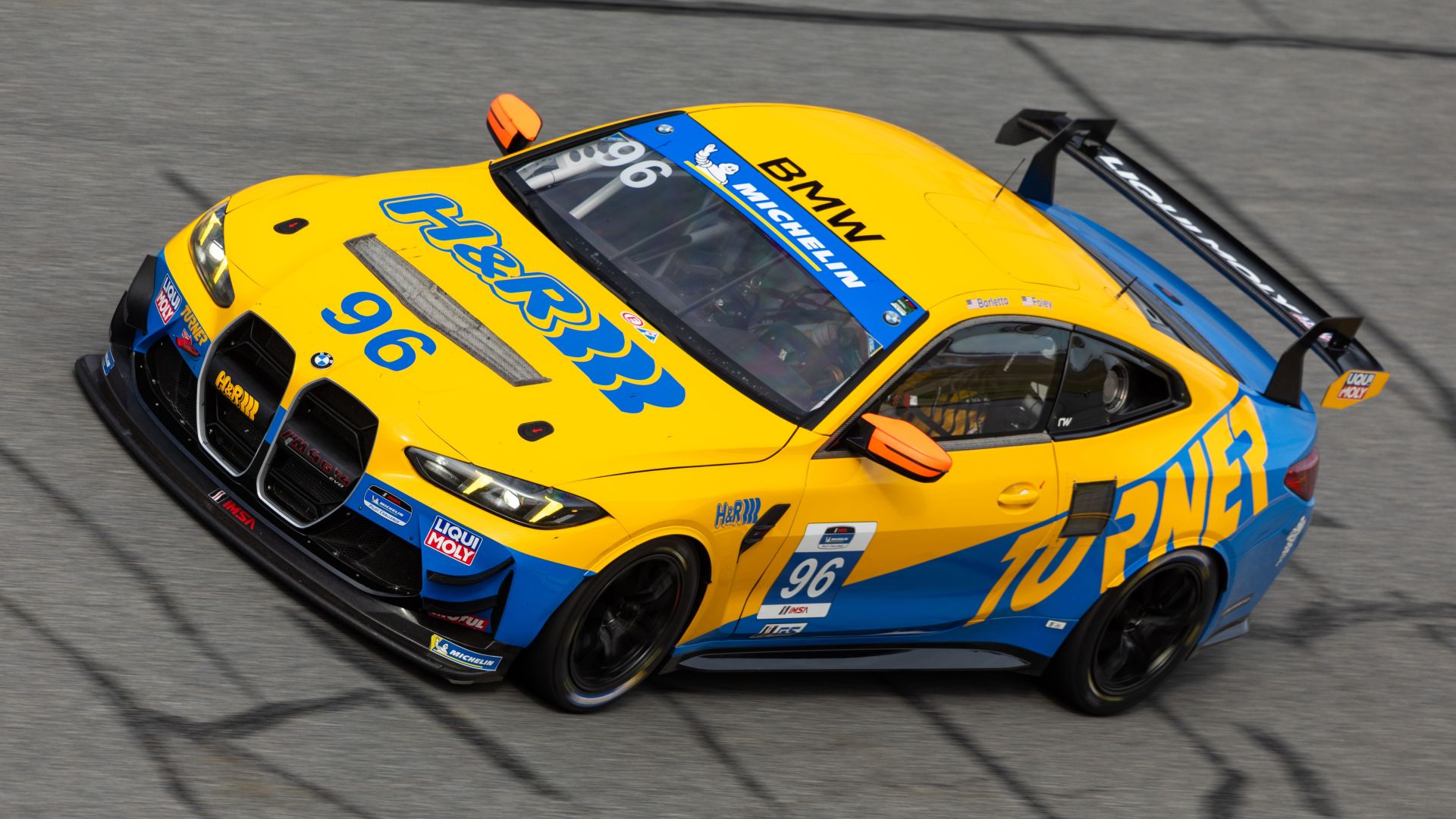 Turner Motorsport's #96 BMW M4 GT4 EVO during the Michelin Pilot Challenge 2026 at Daytona. 