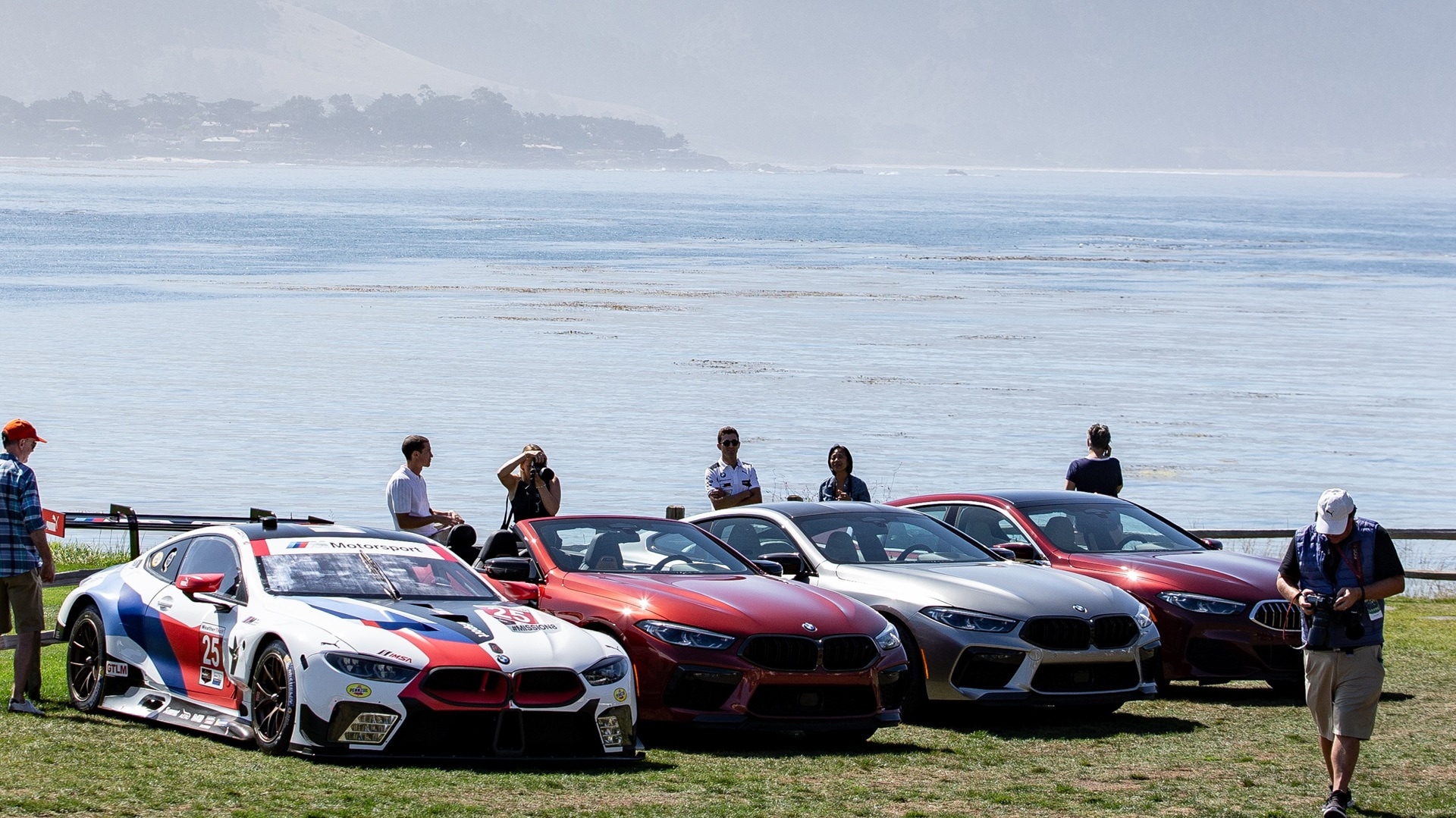 The full quartet: the three M8 variants and the BMW M8 GTE at Pebble Beach, 2019.