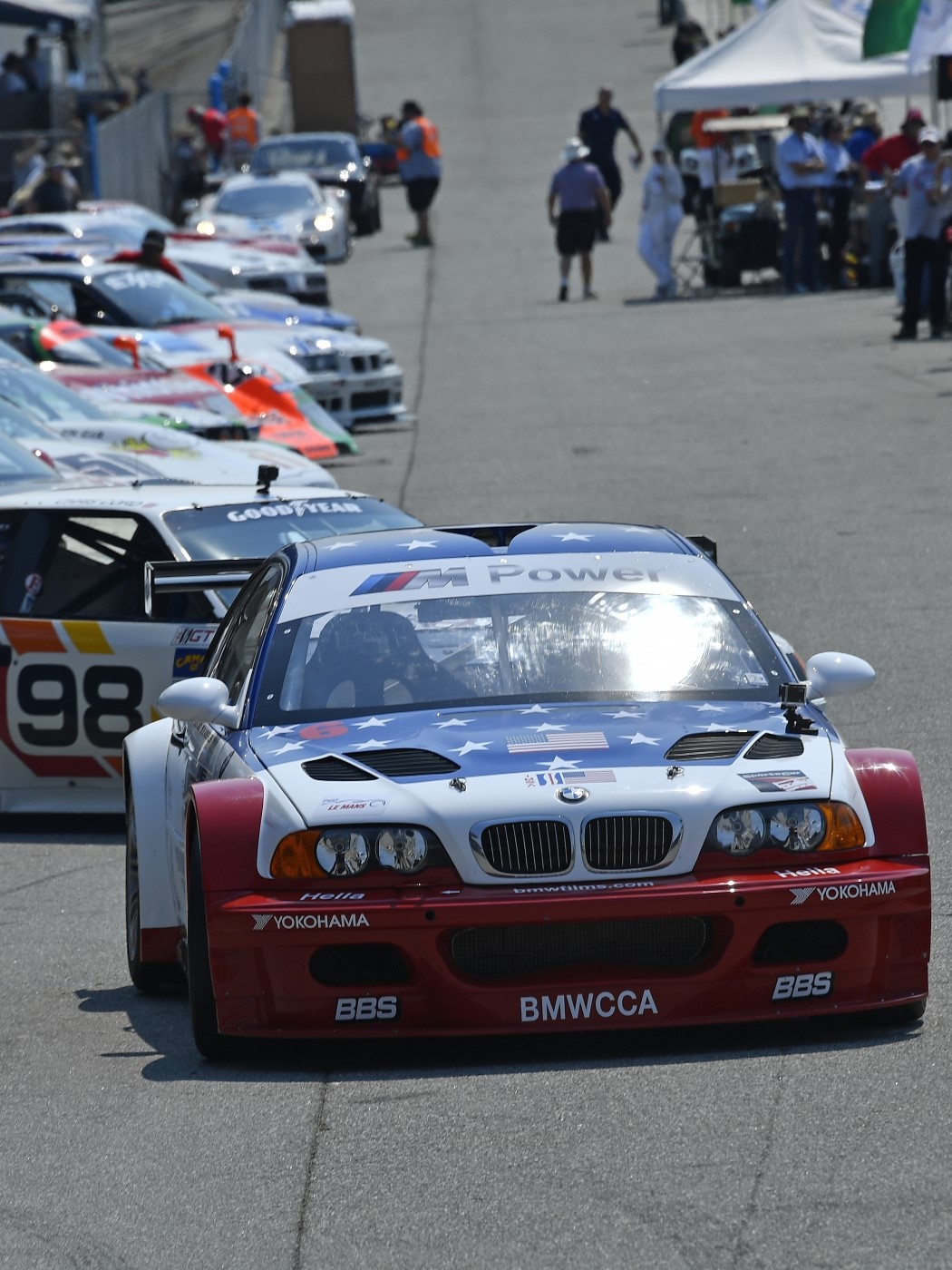 The BMW M3 E46 GTR leaves the pit lane at Laguna Seca Raceway, 2016.
