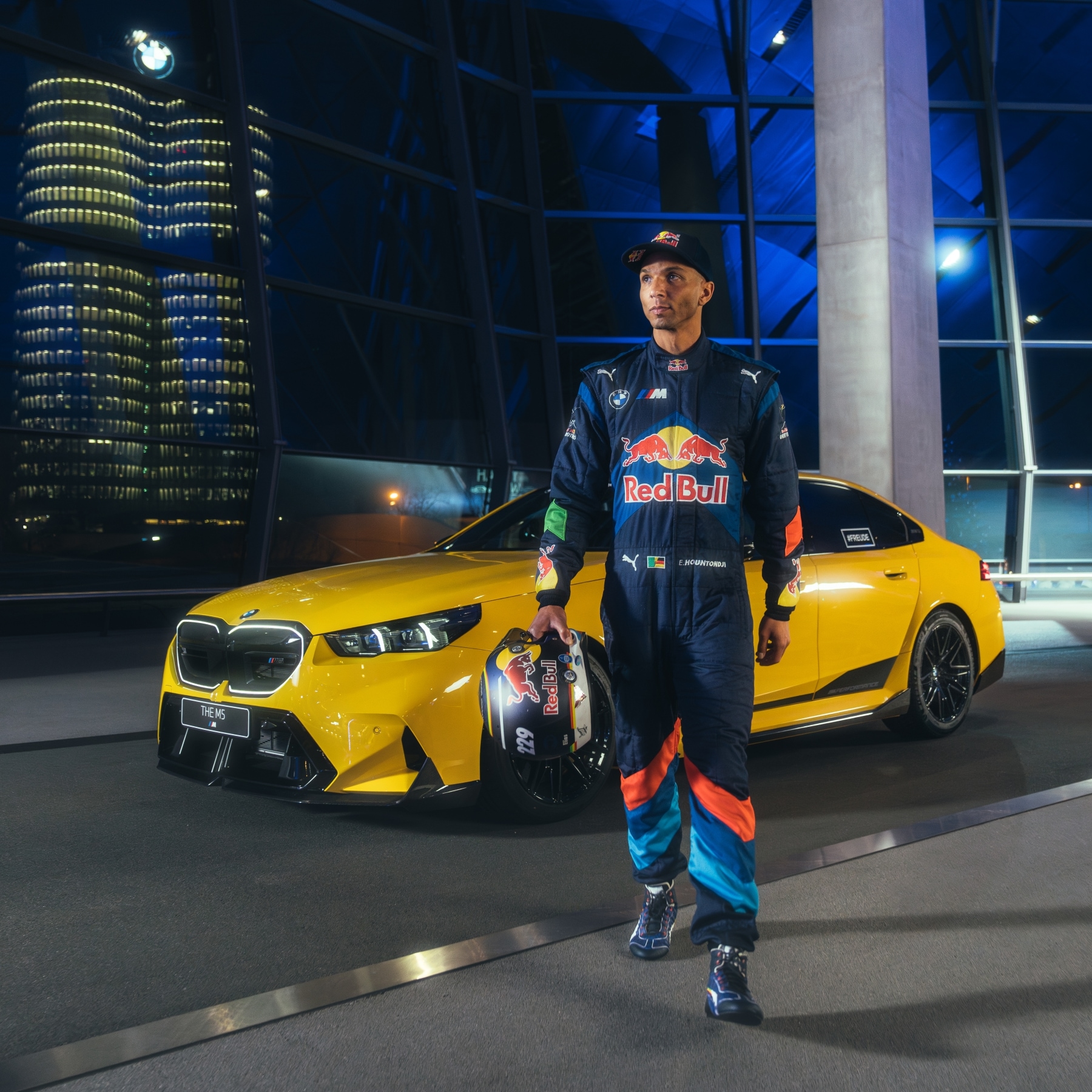 Eli Hountondji drifts the BMW M5 at BMW Welt. 