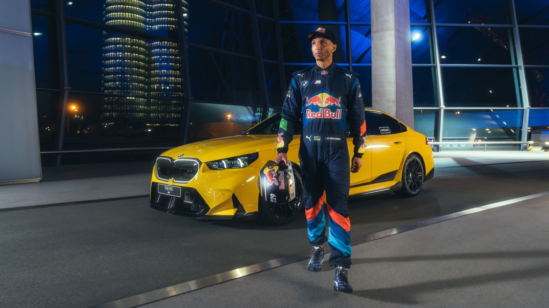 Eli Hountondji drifts the BMW M5 at BMW Welt. 