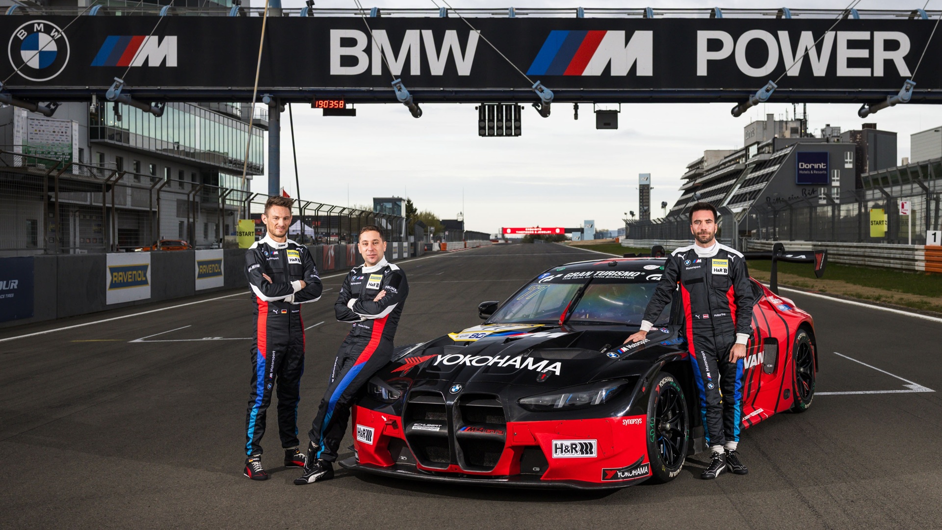 Schubert Motorsport's #77 BMW M4 GT3 EVO with the works drivers Marco Wittmann, Philipp Eng, and Robin Frijns.