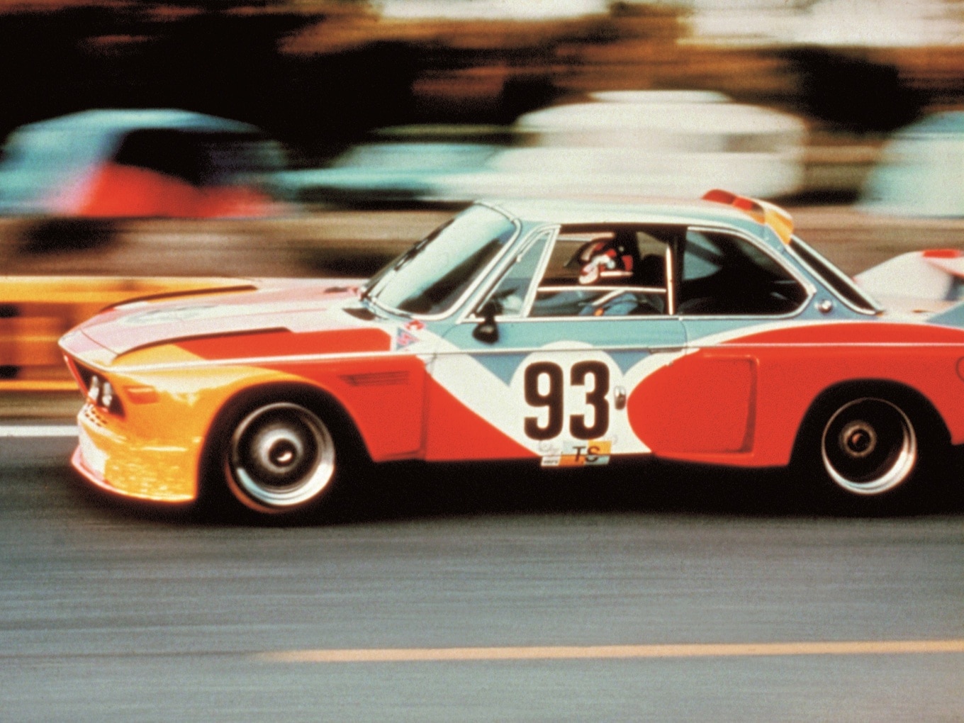 The first BMW Art Car, designed by Alexander Calder, at the 24 Hours of Le Mans in 1975.