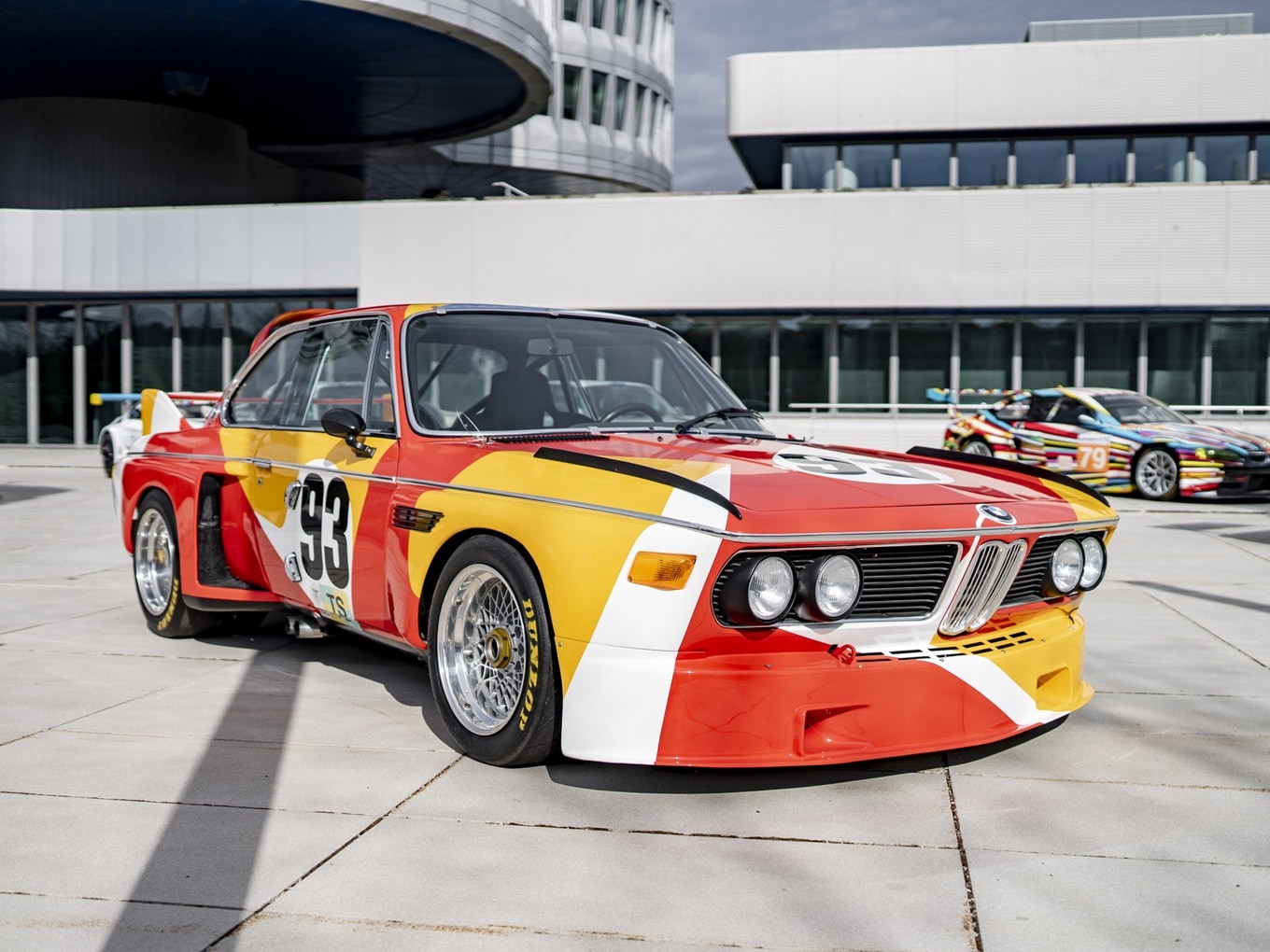 The first BMW Art Car, designed by Alexander Calder, outside the BMW headquarters at Munich.