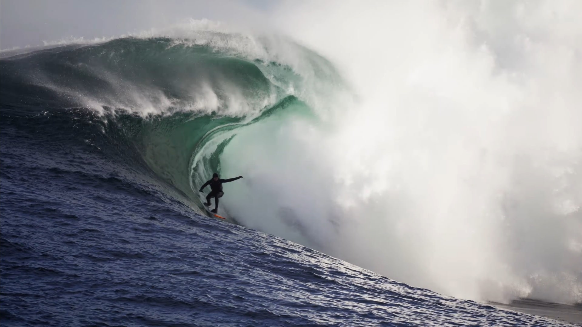 Extreme surfer Freddie Meadows surfing an eight-metre wave during the artic winter in Sweden. 