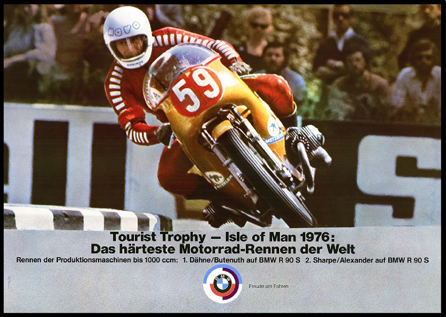 Contemporrary clipping of an advert, showing a photograph of a BMW R 90 S during the Isle of Man Tourist Trophy race in 1976.