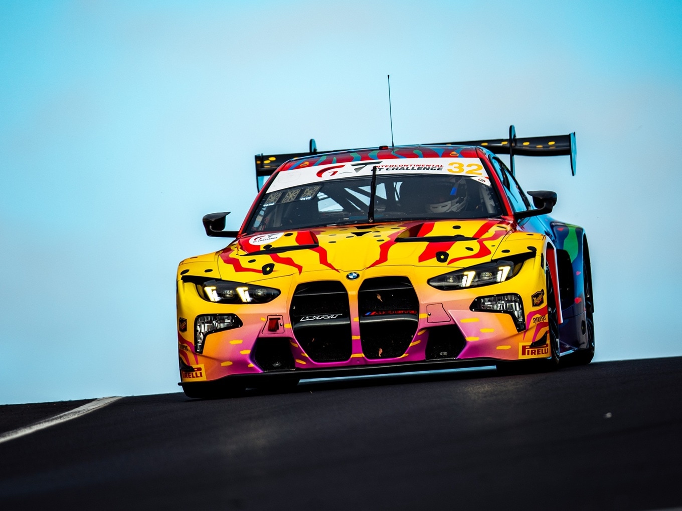The BMW M4 GT3 at the Bathurst race, sporting the Ken Done tribute livery.