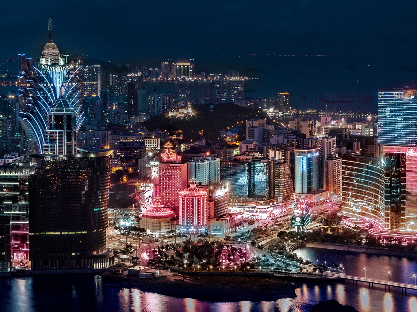 Nächtliche Skyline von Macau.